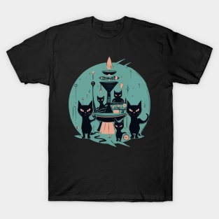 Modern Meows Atomic Age Black Kitschy Cats T-Shirt